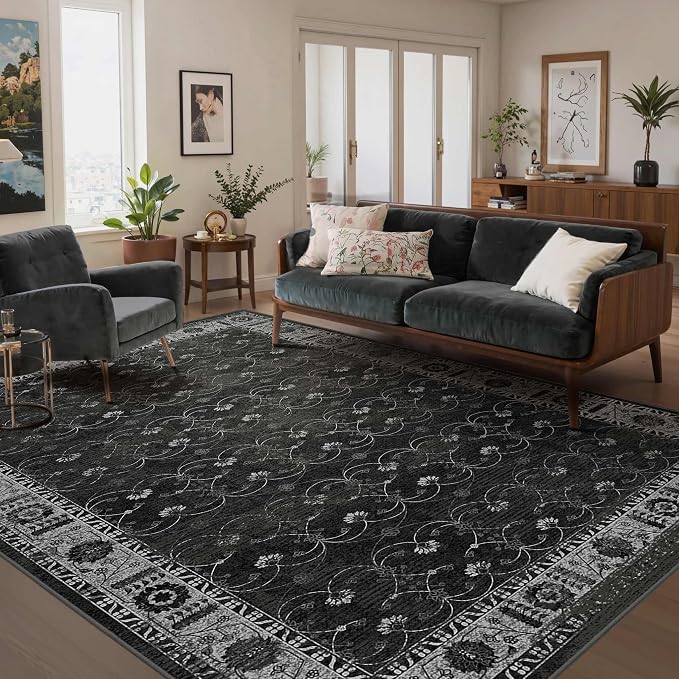 Rugxara 6x9 Washable Area Rug for Living Room, Neutral Vintage Large Boho Rugs for Office, Dining Room, Kids Room, Farmhouse, Durable Low Pile Non Slip Carpet for High Traffic Areas, Black
