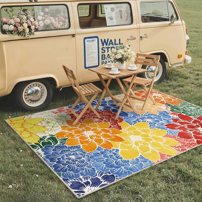 GENIMO 6x9 Outdoor Rug, Washable for Patio and Deck, Multicolor | Floral design for dining area; fade resistant chenille with quick-dry non-slip backing for indoor sunroom