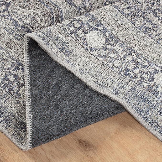 Bloom Rugs Washable Non-Slip 12 ft Runner - Blue/Steel Gray/Beige Traditional Medallion Runner for Entryway, Hallway, Bathroom, and Kitchen - Exact Size: 2.5' x 12'