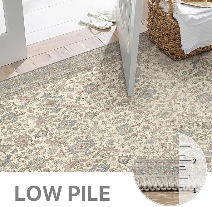 BESBLEE 3X5 Area Rugs Machine Washable Rugs for Living Room, Vintage Boho Large Rugs for Bedroom Dining Room, Non Slip Indoor Soft Distressed Lightweight Thin Low Pile Carpet, Cream