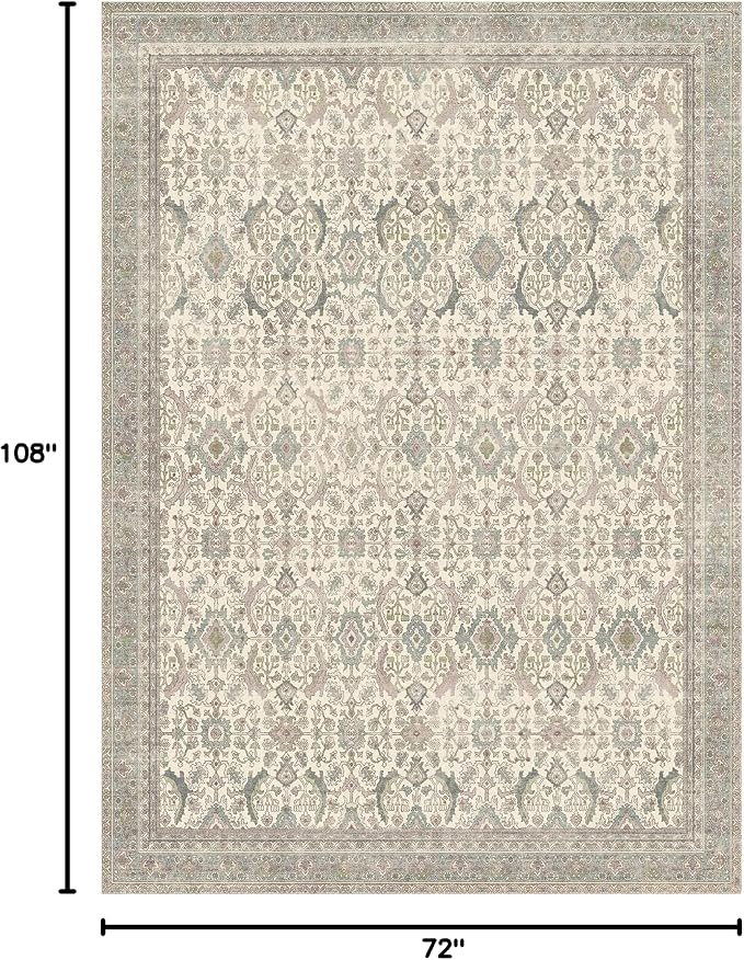 BESBLEE 6X9 Area Rugs Machine Washable Rugs for Living Room, Vintage Boho Large Rugs for Bedroom Dining Room, Non Slip Indoor Soft Distressed Lightweight Thin Low Pile Carpet, Cream