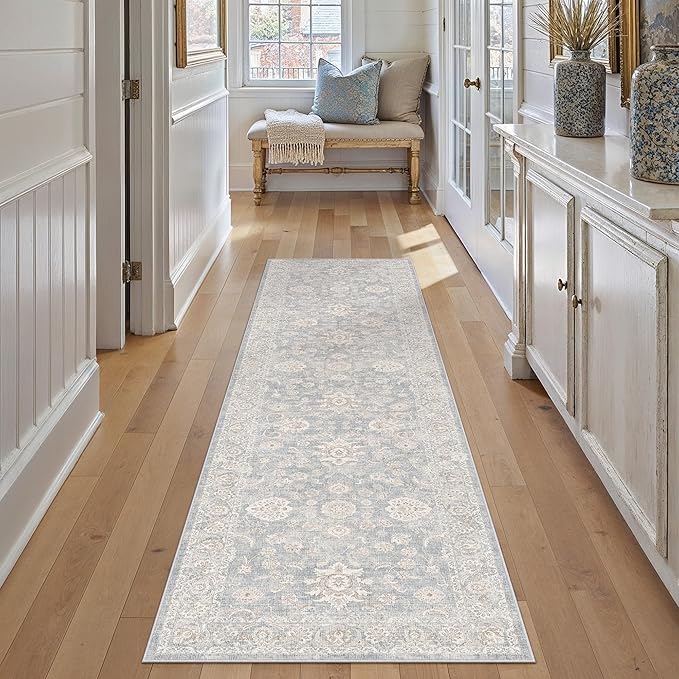 2'6x10 Blue Cream Washable Runner Rug for Kitchen Hallway Neutral Floral Soft Non Slip Rug Low Pile Distressed Carpet for Bathroom Bedroom Indoor Nursery