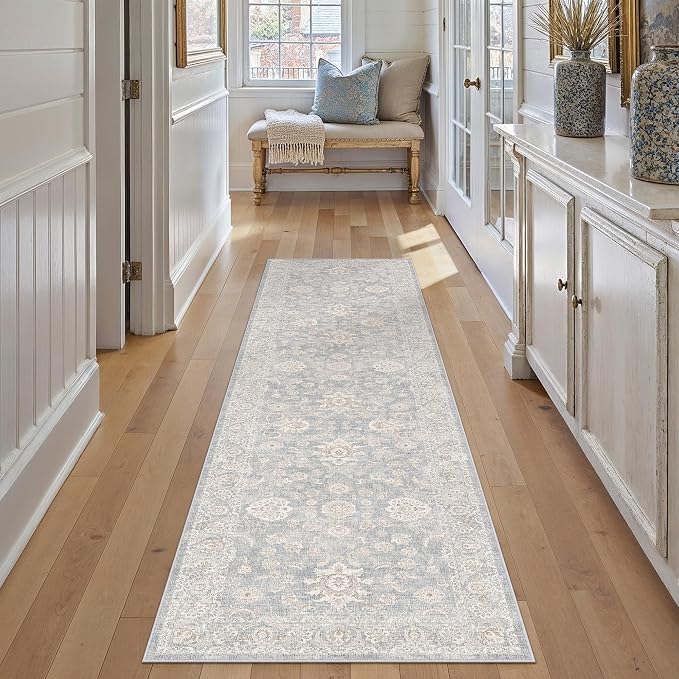 2'6x12 Blue Cream Washable Runner Rug for Kitchen Hallway Neutral Floral Soft Non Slip Rug Low Pile Distressed Carpet for Bathroom Bedroom Indoor Nursery