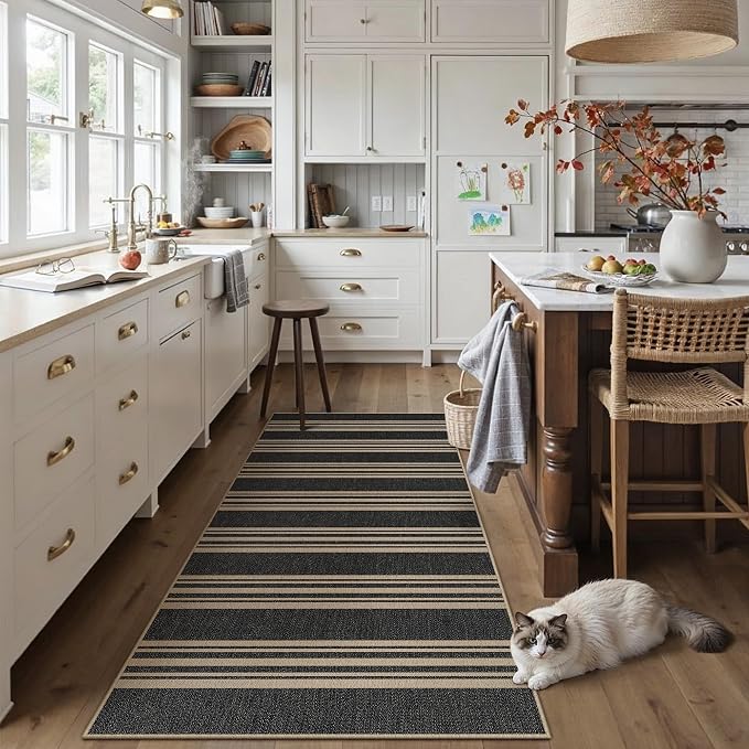 PureCozy Washable Kitchen Runner Rug 2x6 Striped Jute Look Non Slip | Black Farmhouse Design, Indoor Outdoor Hallway Runner for Entryway, Laundry Room and Kitchen, Non Shedding, Easy Care