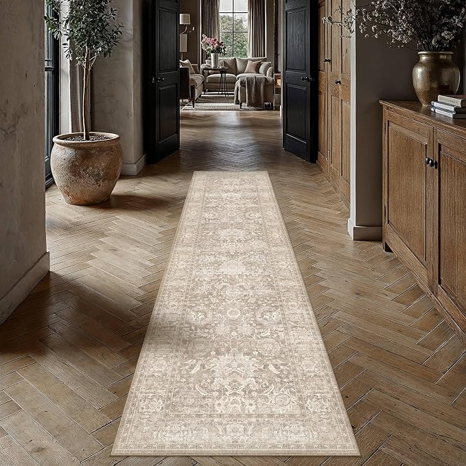 HUGEAR Hallway Runner Rugs 3x10 Beige Washable Rug Neutral Vintage Rug Carpet Distressed Soft Durable Non Slip No Shedding for Indoor Bedroom Kitchen Dining Nursery Laundry