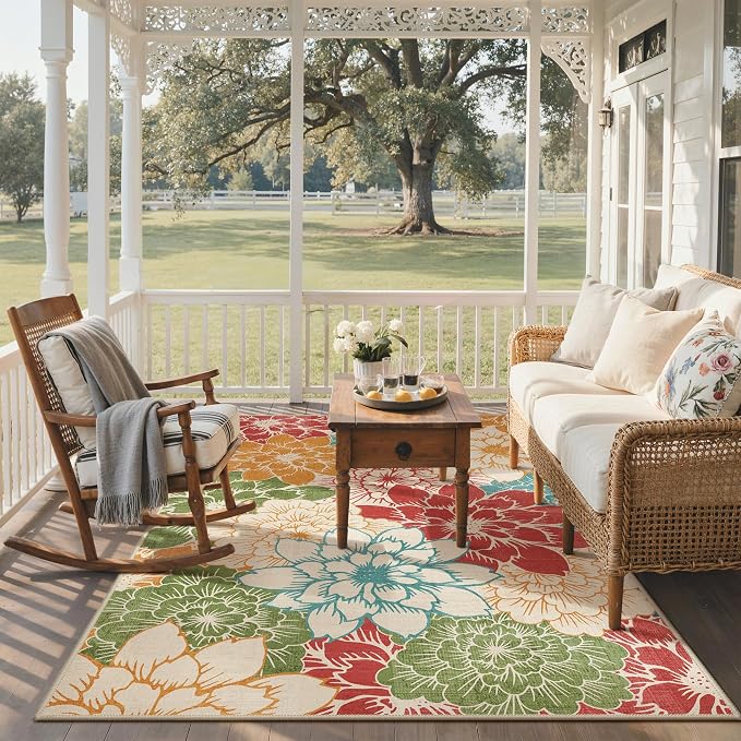 GENIMO 9x12 Outdoor Rug, Washable for Patio and Deck, Rust Teal | Floral design for gazebo; lightweight chenille with quick-dry non-slip backing for indoor dining area