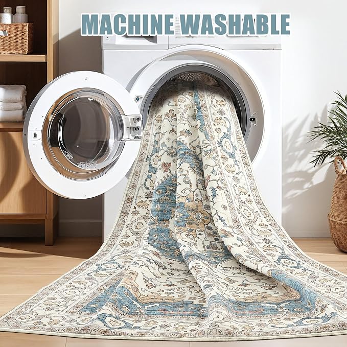 11x14 Area Rugs for Living Room - Large Carpet Ultra Thin Soft Washable Oriental Vintage Floral Distressed Big Indoor Carpets for Bedroom Nursery Dorm Home Decor Aesthetic - Blue/Beige