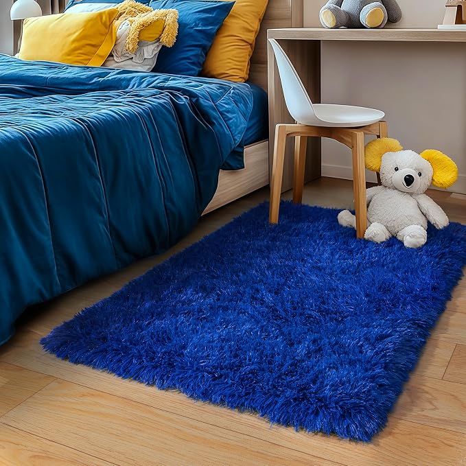 Small Shag Rug for Bedroom, 2x3 Throw Area Rugs for Living Room | Soft and Comfy, Fluffy Bedside Carpet for Nursery and Kids Room Girls Boys Dorm Home Decor Aesthetic, Upgrade Non Slip, Blue