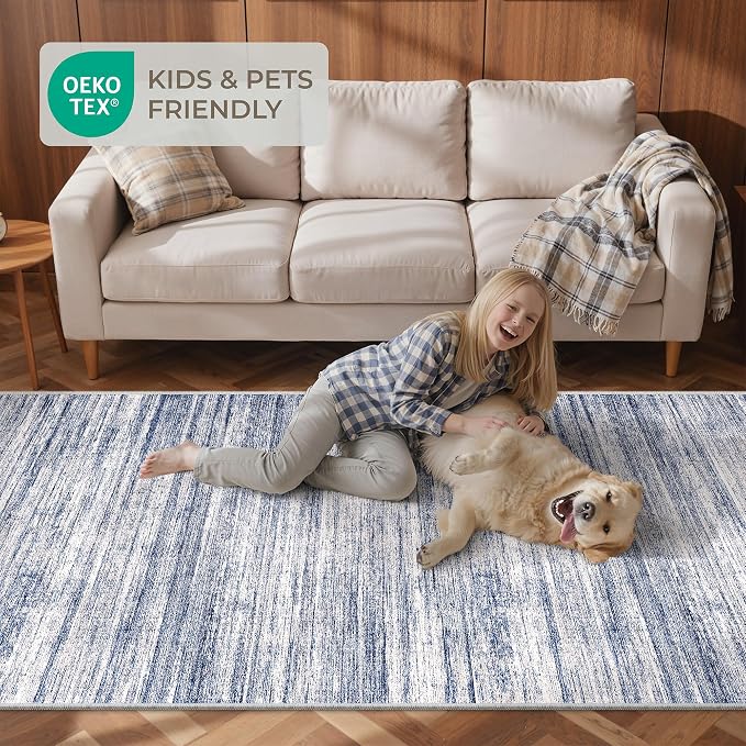 2x6 Runner Rug Non Slip,Washable Hallway Runner Rug,Blue | Neutral Rugs for Kitchen,Entryway,Bedroom,Bathroom,Nursery Room,Thin,Soft Runner Rug,Stain Resistant Indoor Carpet