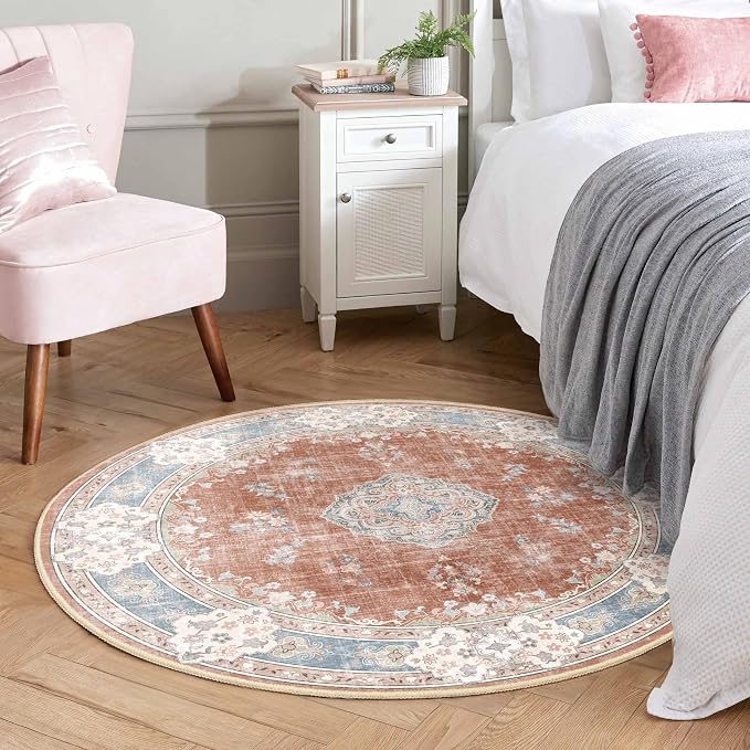 MUJOO Boho Round Rug 4ft Small Circle Washable Area Rug Non Slip Floral | Circular Rugs for Bedroom Living Room Entryway Bathroom Bedroom Throw Carpet Soft Low Pile Indoor Flowers Orange Navy Blue