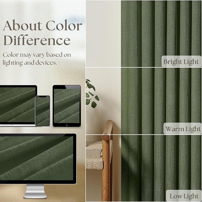 Olive Green Pinch Pleat Linen Semi Sheer Curtains 45 Inch Length 2 Panels | for Small Kitchen Windows, Rustic Country Boho, Light Filtering Privacy Semi Sheer, Pinch Pleated Back Tab Curtains, 40x45