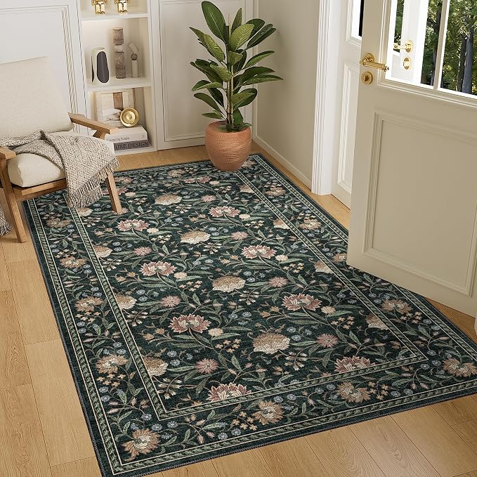 DUKINO 4x6 Area Rug, Washable Vintage Floral Rug for Living Room Dark Green | Non Slip, Low Pile, Stain Resistant Boho Lightweight Soft Indoor Carpet for Bedroom Office Dining Room Entryway Farmhouse