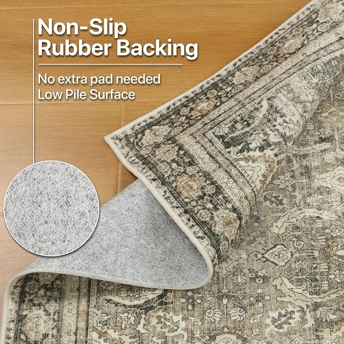 BESBLEE 8X10 Area Rugs Machine Washable Rugs for Living Room, Vintage Boho Large Rugs for Bedroom Dining Room, Non Slip Indoor Soft Distressed Lightweight Thin Low Pile Carpet, Dark Brown