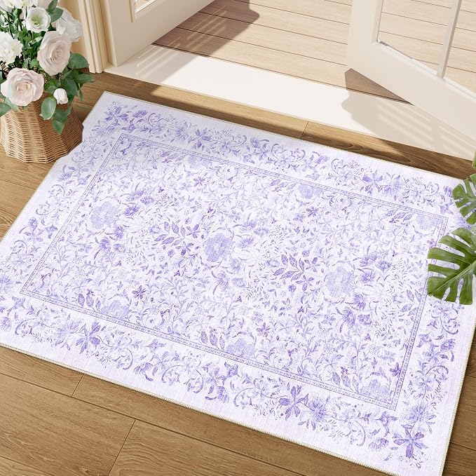 DUKINO 2x3 Entryway Rug, Washable Vintage Floral Area Rug, Purple | Non Slip, Low Pile, Non-Shedding, Soft Indoor Door Mat, Small Front Door Throw Carpet for Bathroom Kitchen Entrance Bedroom
