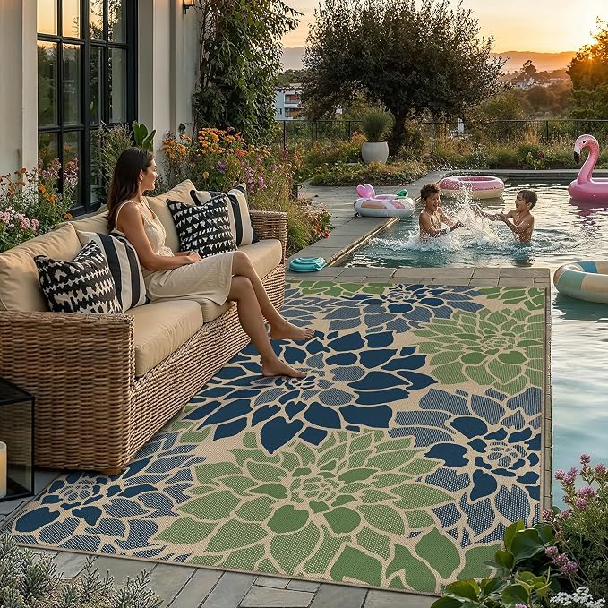 PureCozy 5x8 Easy Jute Outdoor Rug Navy/Green Floral Textured Indoor Outdoor Area Rug Farmhouse Patio Carpet for Backyard, Patio, Porch, Easy-Cleaning, High Traffic, Pet-Friendly, Non-Shedding