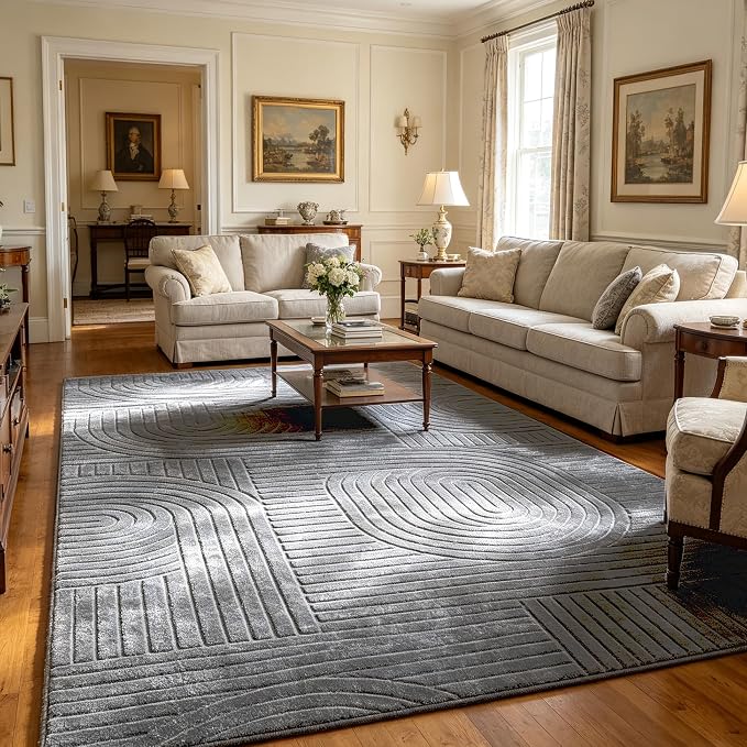 5x7 Solid Color Area Rugs – Washable Living Room Rug, Durable Non-Slip Indoor Carpet with Soft High-Low Pile, Fluffy Floor Rugs for Bedroom, Kids Room, House Apartment, Home Office Decor, Grey