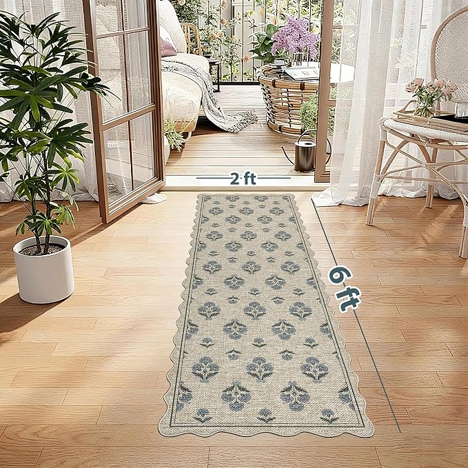 ORTIGIA Scalloped Easy Jute 2x6 Kitchen Runner Rug Vintage Blue Block Floral Farmhouse Washable Rug Non-Slip Outdoor Carpet for Entryway Indoor Hallway Patio Laundry Room