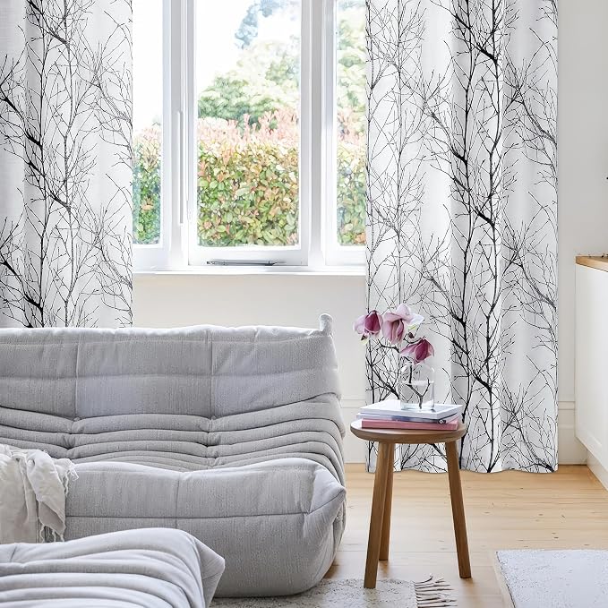 FMFUNCTEX Linen Black White Semi Sheer Print Curtains 96 Inch Long 2 Panels | Branch Sheer Patterned Drapes, Light Filtering Grommet Panels for Bedroom, Living Room, Kitchen, and Farmhouse Curtain