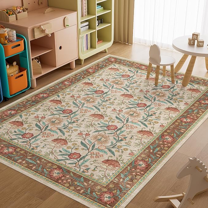 DUKINO 6x9 Area Rug, Vintage Floral Washable Rugs for Living Room, Brown | Non Slip, Low Pile, Non-Shedding, Stain Resistant Soft Large Carpet for Bedroom Home Office Dining Room Farmhouse, Home Decor