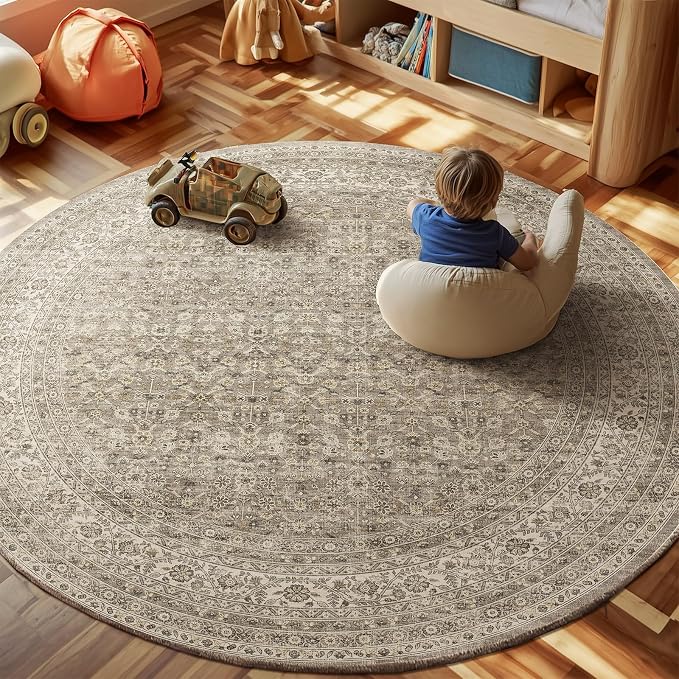 6ft Washable Round Rugs for Bedroom: Circle Living Room Rug Vintage Non Slip Low Pile Soft Faux Wool Non Shedding Boho Circular Rug for Entryway Kitchen Bathroom Office Dorm Entrance Nursery Indoor