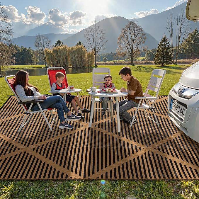 Lahome 9x12 Outdoor Plastic Straw Rug Waterproof, Neutral Reversible Outdoor Patio Rug, Large Portable Outside Camping Mats for Balcony Tent Floor Decor, Brown 9'x12'
