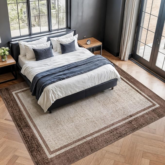 Rugshop Modern Transitional Bordered Area Rug Low Pile Beige 7' 10" x 10'