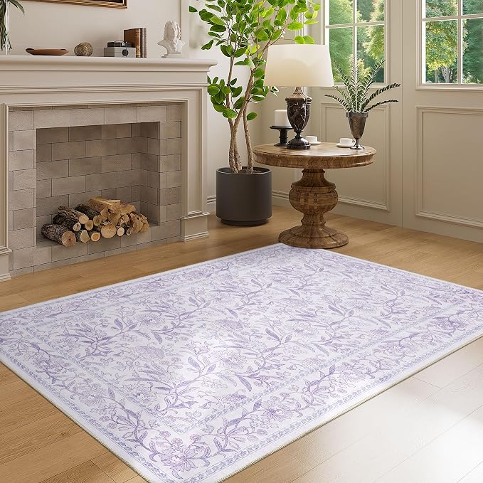 DUKINO 3x5 Rug, Washable Vintage Floral Bedroom Area Rug Non Slip, Purple | Low Pile, Non-Shedding, Stain Resistant Boho Lightweight Soft Indoor Carpet for Bathroom Office Dining Living Room Farmhouse