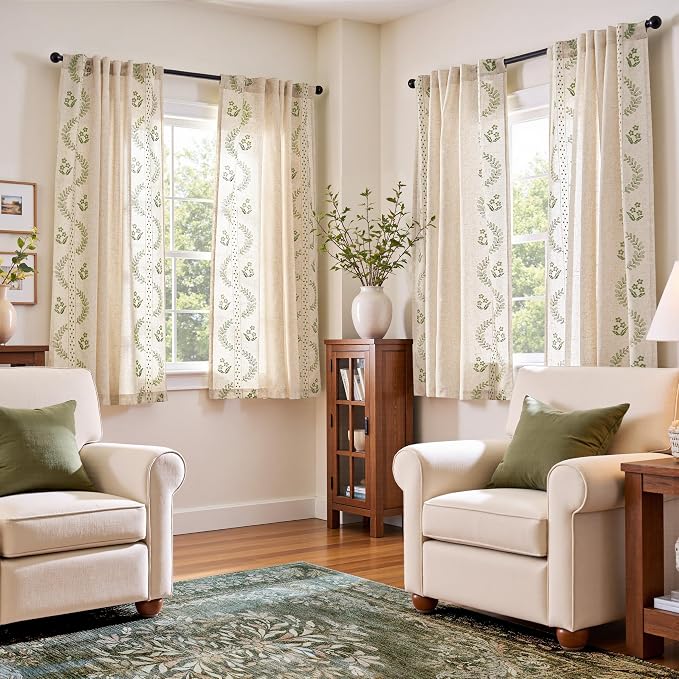 jinchan Floral Linen Curtains 63 Inch Back Tab 4 Panels Sage Green | Embroidered curtains,boho curtains,living room,bedroom,light filtering,privacy,flower patterned drapes,window treatment