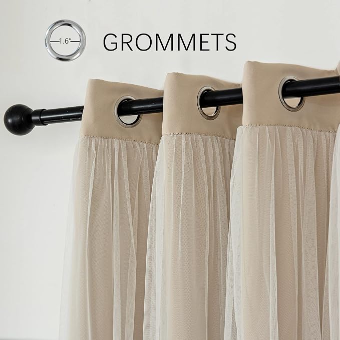 INLINAS Beige Blackout Curtains with Sheer Overlay - Grommet Top Thermal and Noise Reduction Panels for Bedroom and Living Room Light Blocking and Energy Saving, 37 x 84 Inches, Set of 2