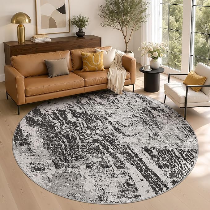DMOYEST 8ft Round Washable Area Rug for Living Room: Modern Abstract Neutral Circle Carpet, 8x8 Soft Low Pile Non-Slip Floor Mat for Bedroom Under Dining Table, Kids & Pet - Black