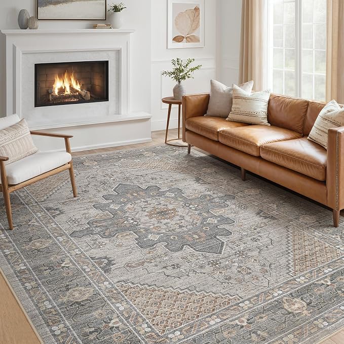 Tortania Area Rug Living Room Rugs - 10x14 Washable Boho Rug Vintage Oriental Distressed Farmhouse Large Thin Indoor Carpet for Living Room Bedroom Under Dining Table Home Office - Brown Gray