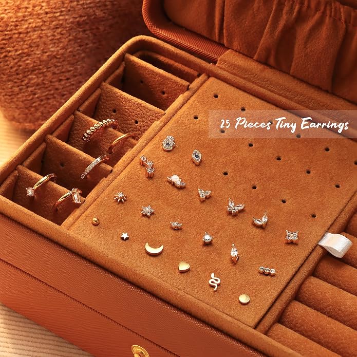 KRFY 25Pcs/17 Pairs Hypoallergenic Surgical Steel Earrings for Sensitive Ears 14K Gold Plated Flat Back Cartilage Earrings for Women Men Screw Back Flatback Stud Hoop Earring Set for Multiple Piercing