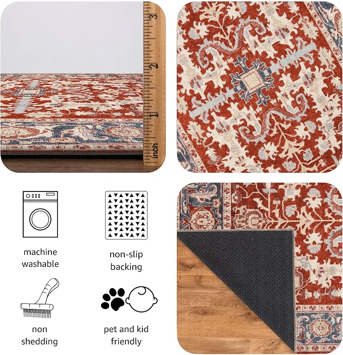 Keen Home Design 9x12 Rug - Machine Washable Area Rug with Non-Slip Backing, Ideal for Living Room, Dining Room, Bedroom - Vintage, Easy Clean, Durable, Low Pile Rug - (9' x 12')