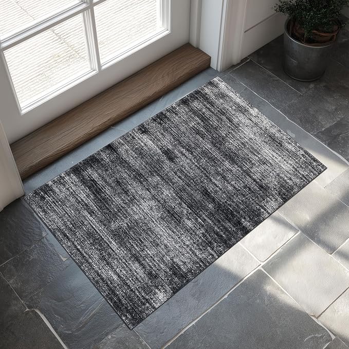 BILEEHOME 2x3 Entryway Rug Small Abstract Black Area Rugs Non Slip Washable | Minimalist Neutral Modern, Low Pile Soft Carpet, for Bedside Bathroom Kitchen, Hardwood Floor Protector, Rubber Backing