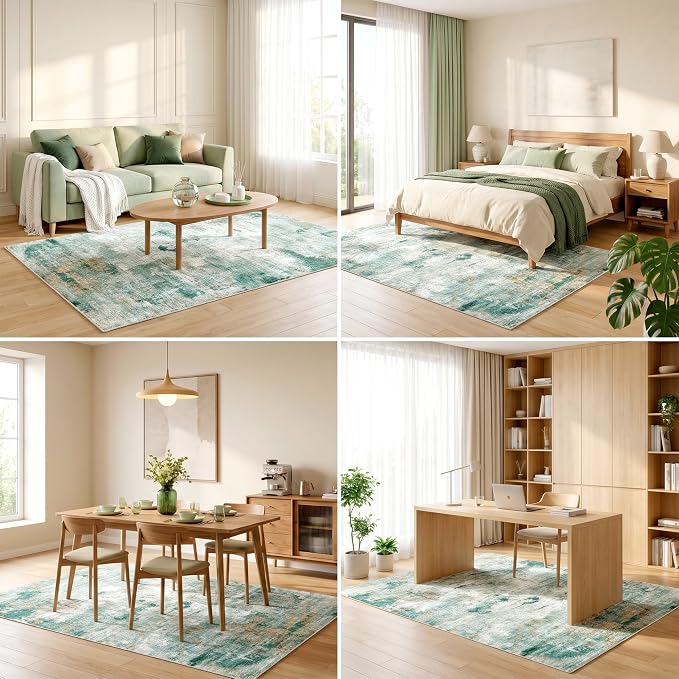 Washable Pet Friendly Area Rug, Water Resistant Abstract Carpet, 0.3" Low Pile, Foldable Non-Slip Silicone Backing, Living Room Nursery Bedroom, 5'x7', Sage Green