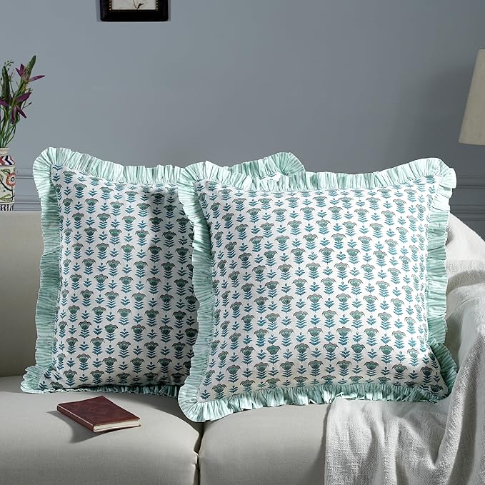 Ridhi Block Print Aquamarine Blue Throw Pillow Cover 18" x 18" (Pack of 2) Decorative Cushion Covers with Ruffle for Couch, Sofa, Bed, Living Room, Home Decor Gift for Spring, Easter, Valentine