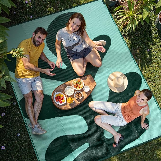 Lahome Green Outdoor Rug 8x10 Waterproof, Coral Sea Funky Pool Rv Rugs for Outside, Portable Plastic Straw Camping Carpet for Beach Picnic Patio Deck Porch, Green 8'x10'