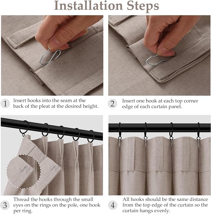 Aersas Ecru Linen Pleated Curtains 102 Inches Long for Living Room Pinch Pleat Drape Hooks Rings Back Tab Semi Sheer Light Filtering Curtain for Bedroom Sliding Patio Door 2 Panels 40x102