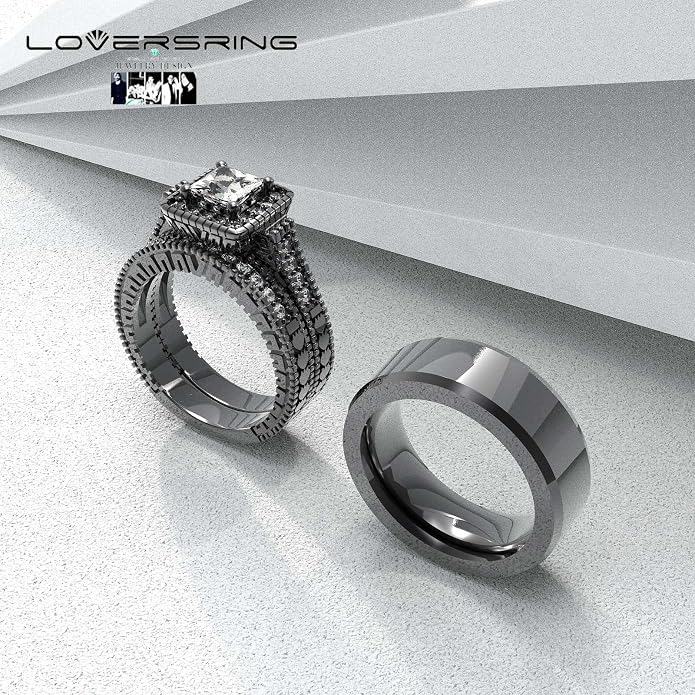 Couple Ring Bridal Set His Hers Women 10k White Gold Filled AAA Cz Men Stainless Steel Wedding Ring Band Set
