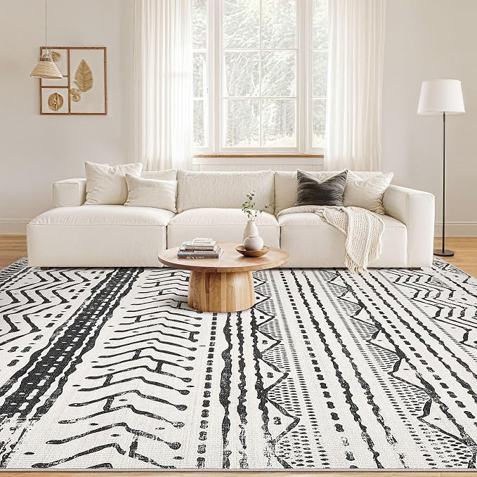 Nakagishi Black Rug for Living Room: 8x10 Washable Boho Large Neutral Soft Farmhouse Area Rugs Stain Resistant Modern Geometric Non-Slip Indoor Floor Carpet for Bedroom Playroom Office Dining Room