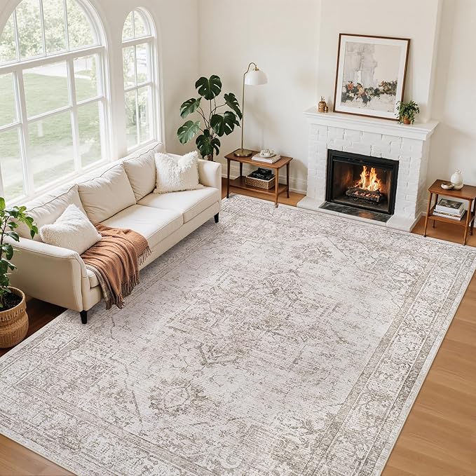 6x9 Area Rugs for Living Room:Beige Washable Vintage Medallion Carpet Non-Slip Soft Low Pile Large Rugs Indoor Retro Rug for Bedroom Nursery Dining Table Office Home(Beige Brown, 6'x9')