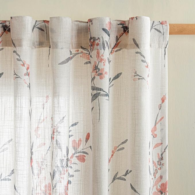 MYSKY HOME 108 Inches Long Ceiling Curtains Sheer Linen Blend Window Curtain for Living Room Light Filtering Privacy Assured Floral Farmhouse Drapes for Home Decor, Wide 50 by Long 108, Coral, 2 Pcs