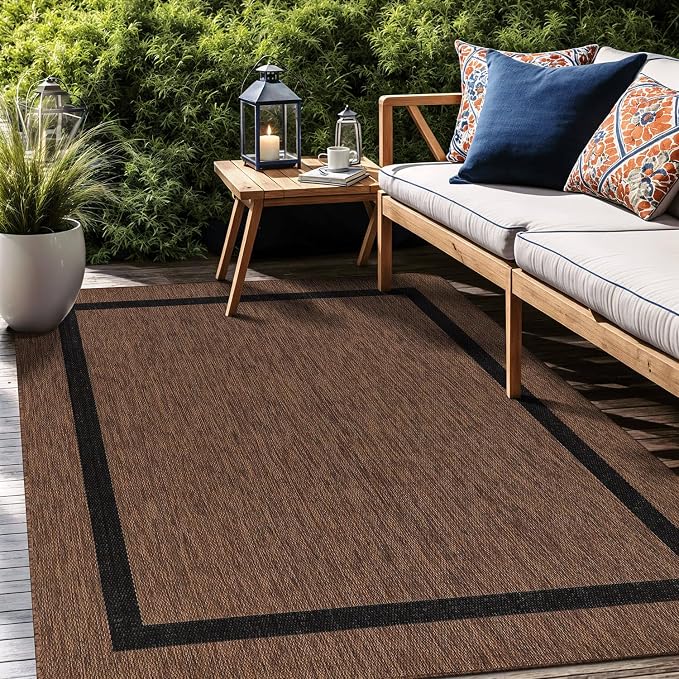 Luul Home Bordered Outdoor Rug 6x9 Washable Outside Carpet for Indoor Patio Porch Waterproof Easy Cleaning Non Shedding Area Rugs Nut Brown - Black 6 x 9