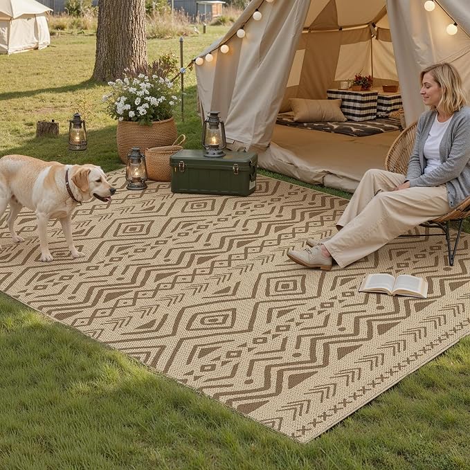 PureCozy 4x6 Easy Jute Outdoor Rug Brown Boho Indoor Outdoor Area Rug Farmhouse Patio Carpet for Backyard, Patio, Porch, Living Room，Easy-Cleaning, High Traffic, Pet-Friendly, Non-Shedding