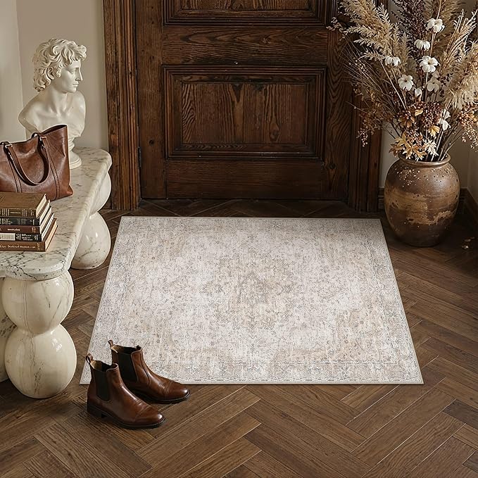 HUGEAR Beige Area Rugs 2x3 Washable Rug Indoor Carpet | Entryway Rug,Vintage Rug,Hallway,Kitchen,Bedroom,Laundry,Non Shedding,Non Slip,Low Pile,Soft