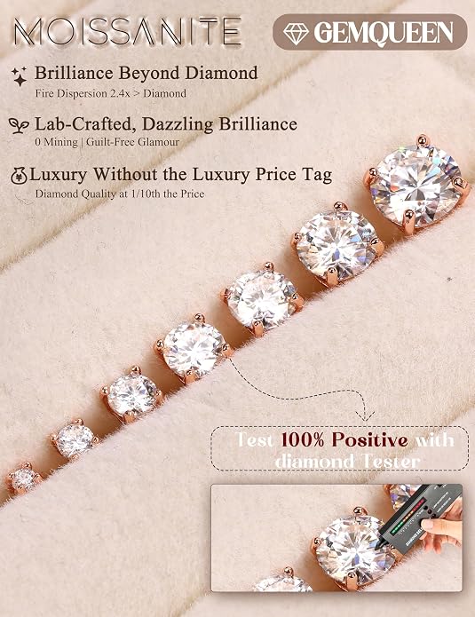 GEMQUEEN Moissanite Earrings Studs : 18K Gold Plated Solid 925 Sterling Silver Stud Earring for Women Men Hypoallergenic Dainty Moissanite Jewelry for Sensitive Ears Round Cut D Color VVS1 2-7.5mm
