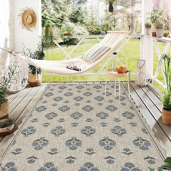 ORTIGIA Scalloped Easy Jute 3x5 Area Rug Vintage Blue Block Floral Farmhouse Washable Rug Non-Slip Indoor Outdoor Carpet for Living Room Bedroom Kitchen Patio Entryway