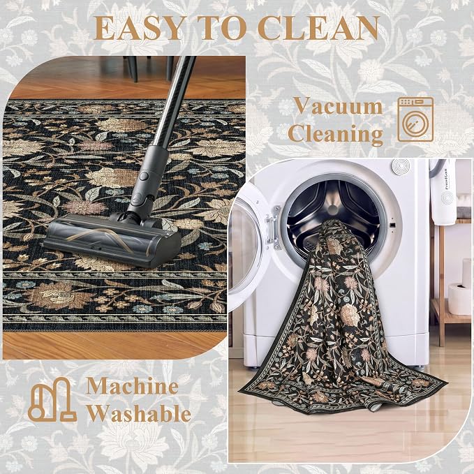 DUKINO 2x4 Rug, Washable Vintage Floral Entryway Rug Non Slip, Black | Low Pile, Non-Shedding, Stain Resistant Boho Lightweight Soft Indoor Carpet for Kitchen Bathroom Hallway Laundry Farmhouse