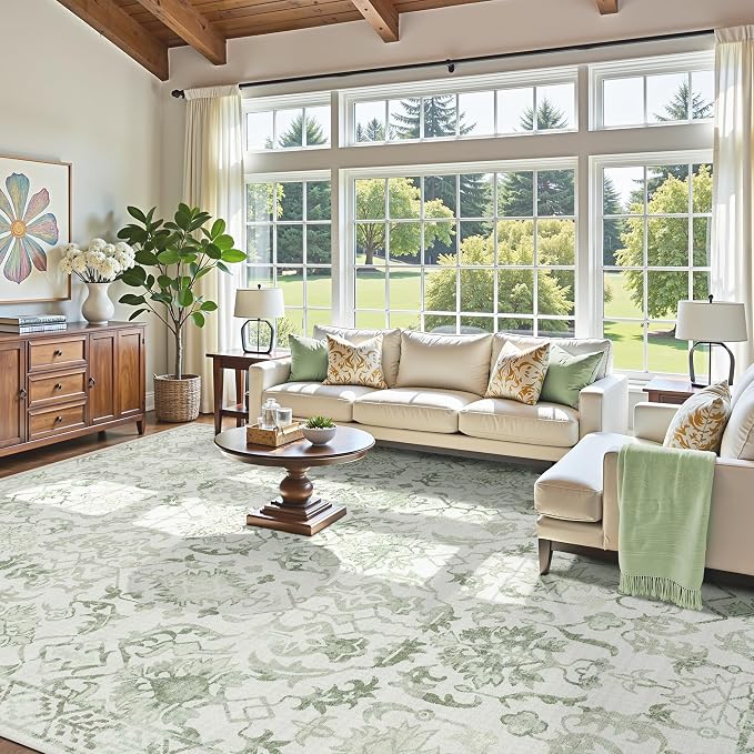 Deerly Sage Extra Large Area Rug 10x14 for Living Room, Distressed Washable Rug for Dining Room Bedroom, Anti-Slip Low-Pile and Soft Accent Rug Farmhouse Office Home Decor Light Green