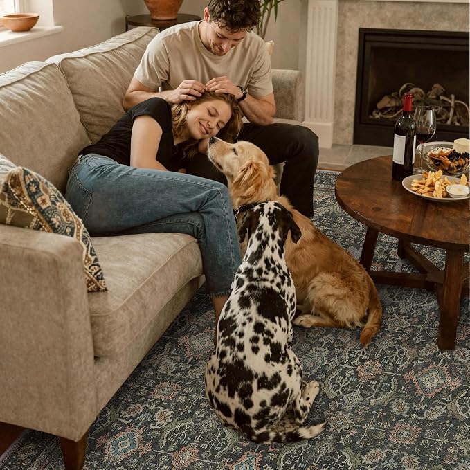 BESBLEE 4X6 Area Rugs Machine Washable Rugs for Living Room, Vintage Boho Large Rugs for Bedroom Dining Room, Non Slip Indoor Soft Distressed Lightweight Thin Low Pile Carpet, Black